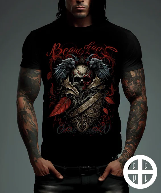 Beauty in Chaos t-shirt from Occult Fashion for bikers, rockers, goths featuring beautiful skull on armor amidst a pile of debris and leaves