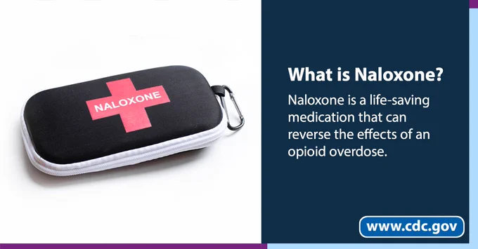 Travel case with a red cross on top that says Naloxone. Text next to the image says, What is Naloxone? Naloxone is a life-saving medication that can reverse the effects of an opioid overdose.