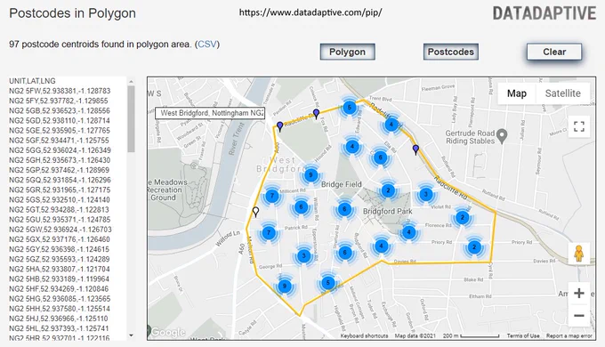 Screenshot of Datadaptive's Postcodes in Polygon tool