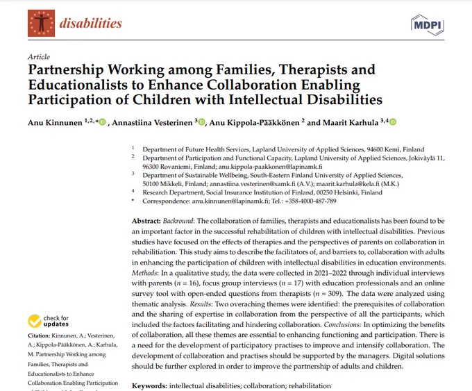 Read the new article published in the open-access journal, Disabilities:
Partnership Working among Families, Therapists and Educationalists to Enhance Collaboration Enabling Participation of Children with Intellectual Disabilities.