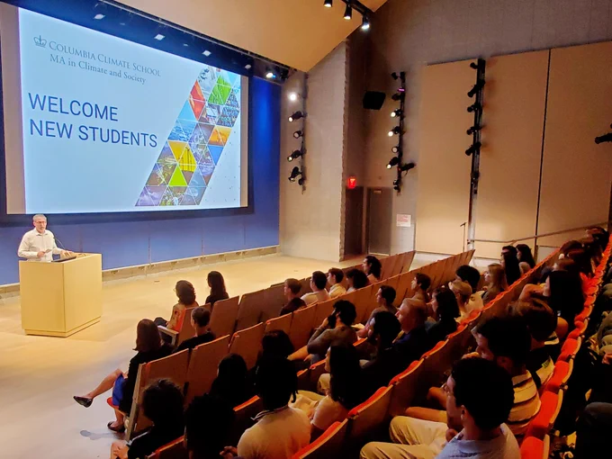 Columbia Climate School interim dean Jeffrey Shaman welcomes our new class of MA in Climate   Society students at new student orientation.