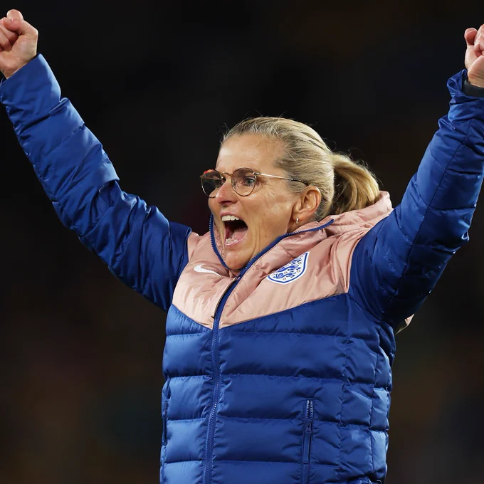 Sarina Wiegman celebrating pitch side. 