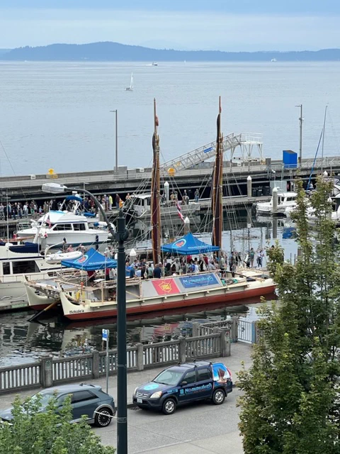 The Hōkūle‘a in Elliot Bay dock in Seattle.
