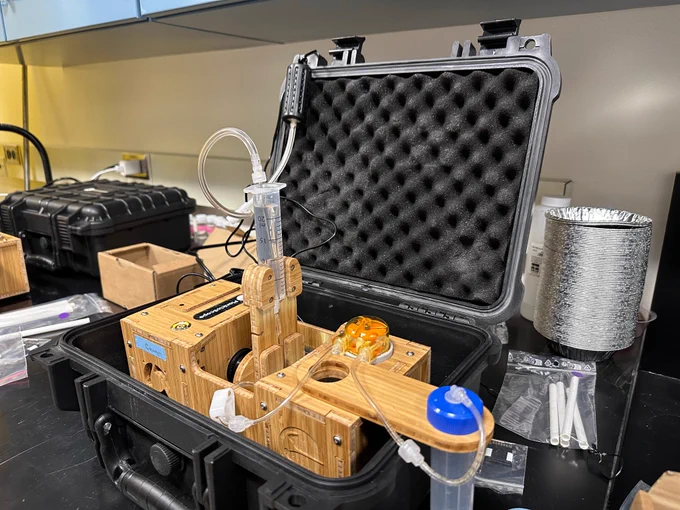 Planktoscope in a lab prior to its trip to the Pacific to join the Polynesian Voyaging Society on their journey