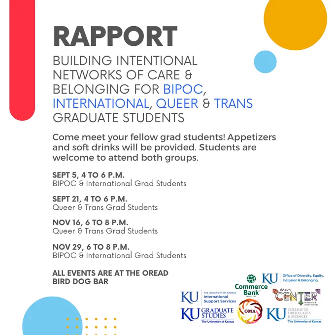 This Image Reads; "Rapport. Building Intentional Networks Of Care & Belonging For Bipoc, International, Queer, & Trans Graduate Students. Come Meet Your Fellow Grad Students! Appetizers And Soft Drinks Will Be Provided. Students Are Welcome To Attend Both Groups. September 5, 4:00-6:00 P.M. for BIPOC & International Graduate Students. September 21, 4:00-6:00 P.M. for Queer & Trans Graduate Students. November 16, 6:00-8:00 P.M. for Queer & Trans Graduate Students. November 29, 6:00-8:00 P.M. for BIPOC & International Students. All events are at The Oread, Bird Dog Bar.” Logos Included In This Graphic: K.U. International Support Services. K.U. Graduate Studies. Commerce Bank. K.U. Office Of Multicultural Affairs. K.U. Office Of Diversity, Equity, Inclusion, And Belonging. K.U. The Center For Sexuality And Gender Studies. K.U. College Of Liberal Arts And Sciences. The University of Kansas. 