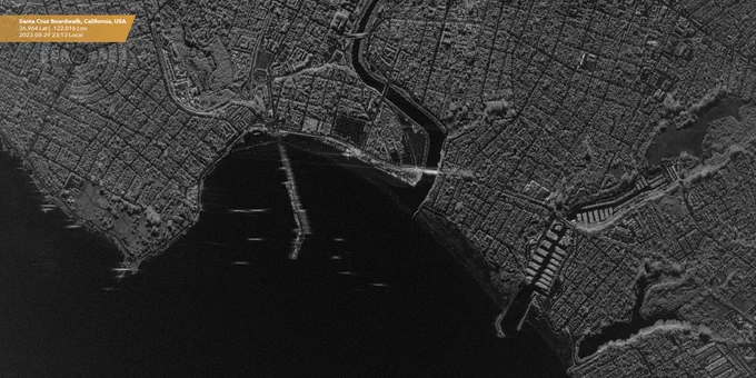 5 km x 5 km 50 cm resolution image of Santa Cruz, California. The Santa Cruz Boardwalk is an oceanfront amusement park that was founded in 1907. It is California’s oldest surviving amusement park. 