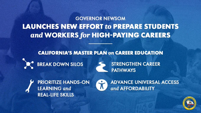Graphic with blue background and white text reading: “GOVERNOR NEWSOM LAUNCHES NEW EFFORT to PREPARE STUDENTS
and WORKERS for HIGH-PAYING CAREERS.

CALIFORNIA'S MASTER PLAN on CAREER EDUCATION

BREAK DOWN SILOS

PRIORITIZE HANDS-ON LEARNING and REAL-LIFE SKILLS

STRENGTHEN CAREER PATHWAYS

ADVANCE UNIVERSAL ACCESS and AFFORDABILITY”