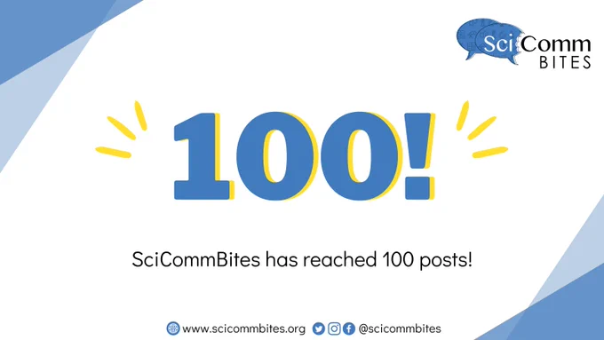 Graphic with blue triangle accents, scicommbites logo, and a big "100!" indicating 100 blog posts.