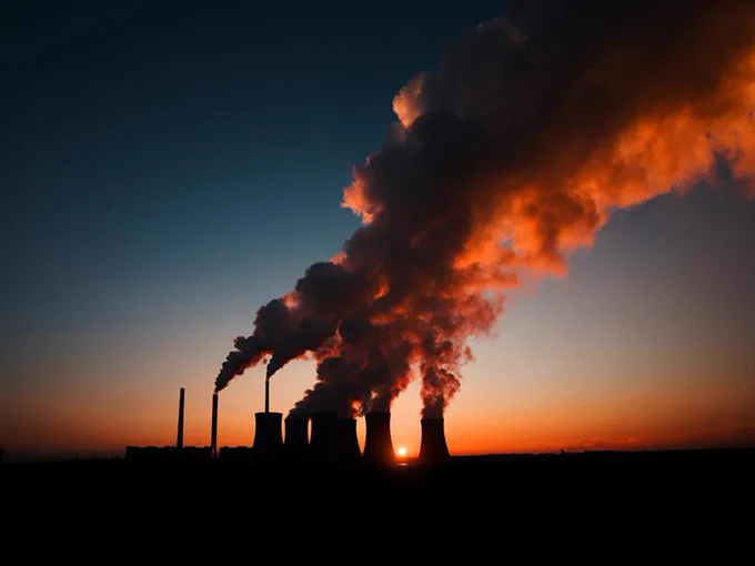 A photograph of factory chimneys and smokestacks silhouetted against a sunset. Thick clouds of smoke, tinged pink in the sunlight, billow into the sky, which is an orange-pink colour on the horizon and transitions into deep blue and black towards the top of the photo. 