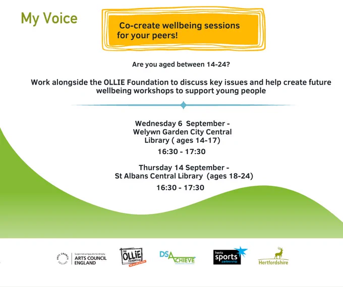 Poster advertising the wellbeing sessions run in partnership between The OLLIE foundation and My Voice. 