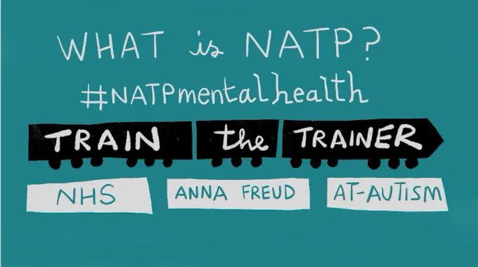 An illustration reading 'What is NATP?' #NATPmentalhealth. A train graphic has the words 'Train the Trainer' inside it. At the bottom, three white panel include the words 'NHS' 'Anna Freud' and 'AT-Autism' 