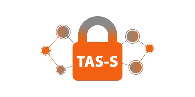 TAS-S Logo. An orange and grey locked padlock with the project's acronym in white on the front. A series of orange and grey interconnected dots are in the background.