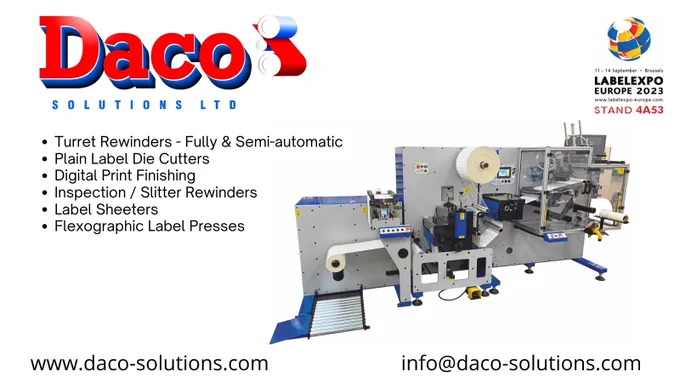 Turret rewinder, plain label die cutters, digital print finishing, inspection slitter rewinders, label sheeters, and flexographic labels presses from Daco Solutions