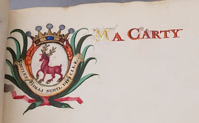 Macarty family arms, painting of a stag, with Latin motto 'forti et fideli nihil difficile', from Harley MS 4039, folio 11 
