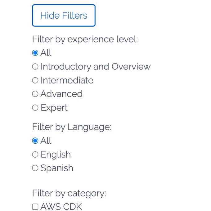A show/hide filters button followed by a set of radio buttons to filter on experience level, then radio buttons to filter on language, then checkboxes to filter on category