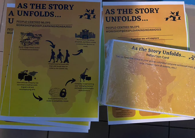 Posters and cards with the title 'as the story unfolds' and had Africa map in the background. 