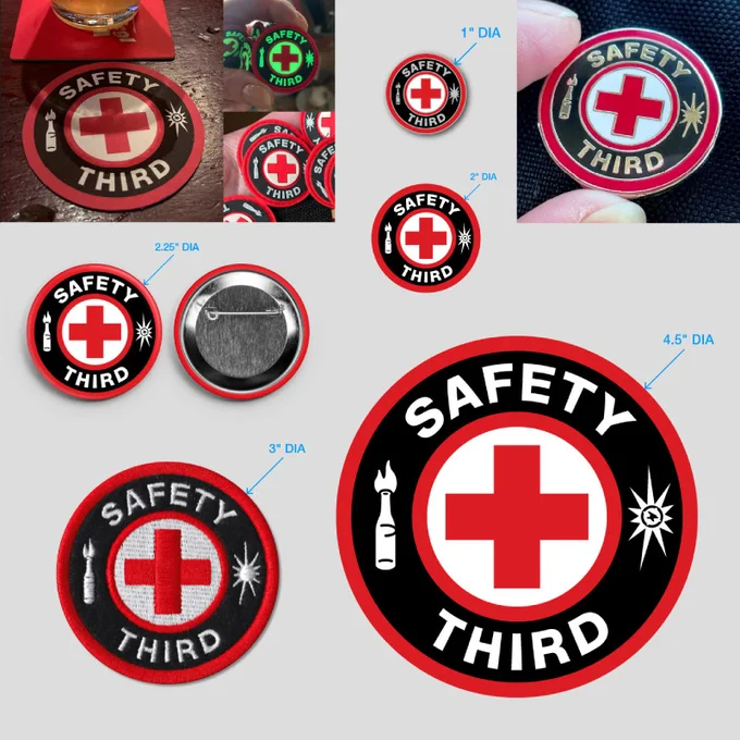 Safety Third the beer coaster, glow-in-the-dark ranger patch, enamel pin, button, embroidered patch with velcro back, little sticker, and extra large sticker