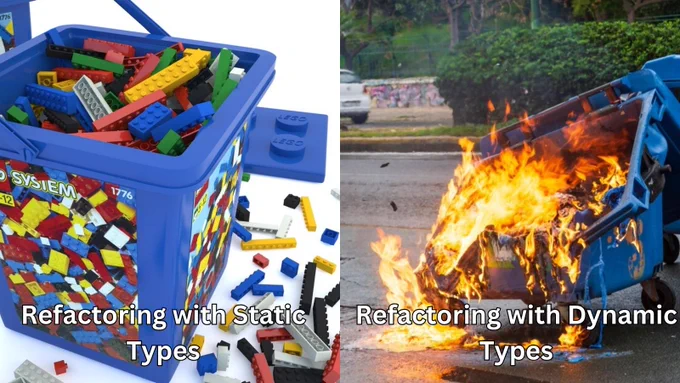 Meme: split screen. Left hand shows box of legs, while right hand shows burning dumpster. Left represents refactoring code using static types, while right hand represents refactoring dynamic types.
