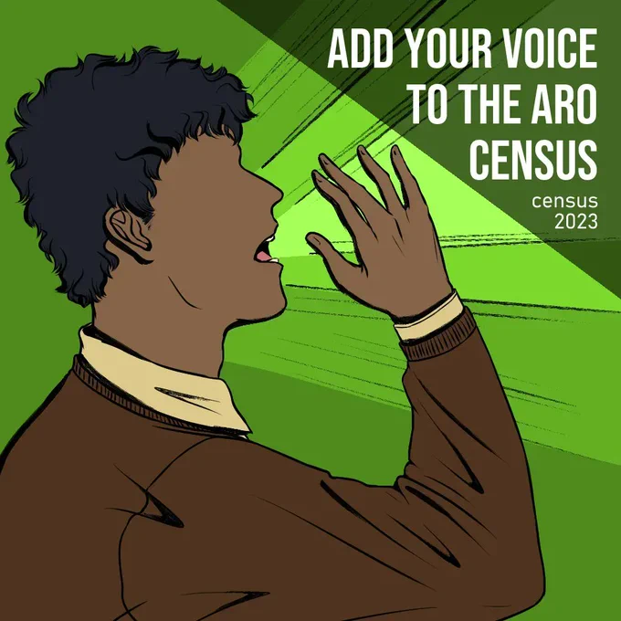 A drawing of a person with short black hair, brown skin, and a brown jacket. They are standing in front of a green background and raising their hand while shouting into the air. In the top right corner of the picture are the words "Add your voice to the Aro Census. Census 2023.