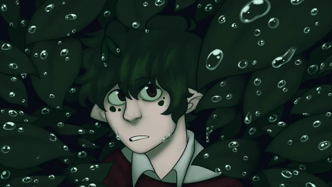 Arizonabit, a guy with a little sprout coming from the top of his head. He's wearing a brown sweater over a white dress shirt. This drawing shows him standing under a whole lot of leaves. the leaves are covered in raindrops.