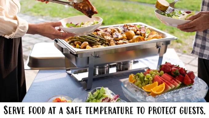 Two people are standing over an outdoor table with food and serving themselves. The table has bowls of fresh fruit and vegetables nestled in ice. A chafing dish is on the table with cooked vegetables and ribs. Text overlay states, “Use proper food serving techniques to keep guests safe.” 