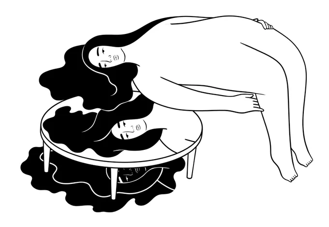 A black and white graphic illustration of a female figure floating over a reflective table looking at her reflection. A black figure hides under the table. 

