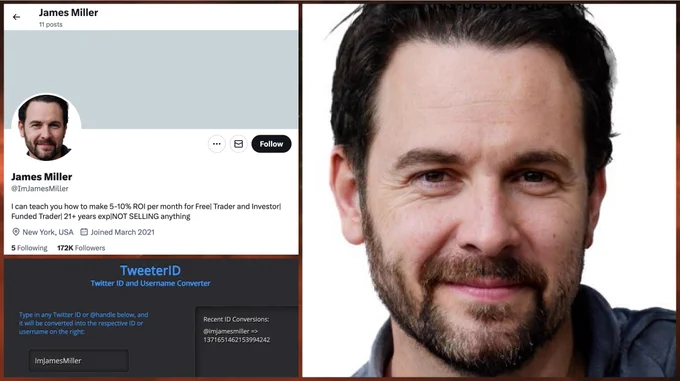 screenshot of @ImJamesMiller's profile, screenshot of tweeterid.com lookup showing @ImJamesMiller's permanent ID, and closeup of @ImJamesMiller's profile image, a GAN-generated face