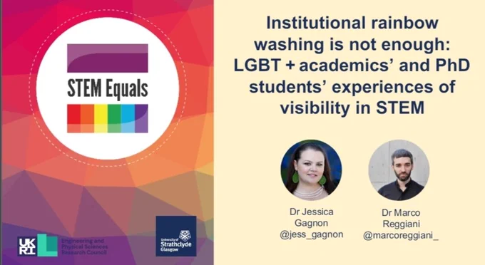 Title slide for the STEM Equals project presentation titled Institutional rainbow washing is not enough: LGBT  academics' and PhD students' experiences of visibility in STEM. The slide includes photos of the research team Dr Jessica Gagnon and Dr Marco Reggiani. The STEM Equals project logo, which includes a purple band and a rainbow band, is on a white circle with a rainbow geometric pattern in the background. The logo of the project funder  EPSRC and the logo of the host institution University of Strathclyde are on the bottom left of the slide. 