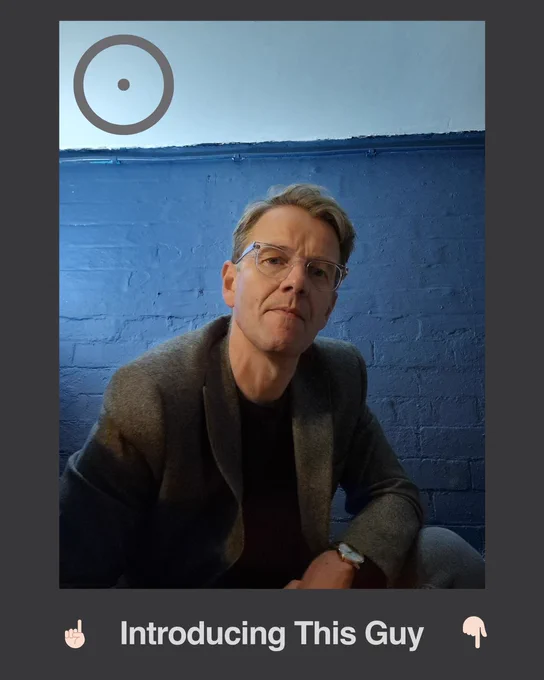 Image of Stephen Lock with the caption "Introducing This Guy". On the top left there is a circle with a dot in the centre. This indicates the sun or the self.  