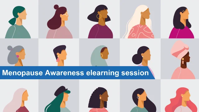 Characterised headshots of 15 women. Text stating menopause awareness elearning session.