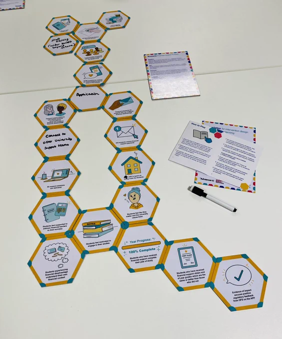 Hexagon cards from the ChangeBusters game arranged on a table