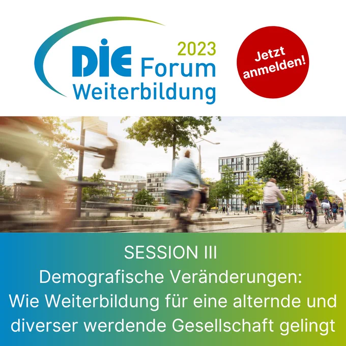 📢 Wir laden ein zum „DIE-Forum Weiterbildung 2023“ am 4./5.12.2023 in Bonn.

Am ersten Tag bieten wir vier Themen-Sessions an.
Thema III: Demografische Veränderungen: Wie Weiterbildung für eine alternde und diverser werdende Gesellschaft gelingt.

Veränderungen in der Bevölkerungsstruktur stellen für die Weiterbildung eine Herausforderung dar: Teilnahmestrukturen ändern sich, veränderte und neue Zielgruppen erfordern angepasste und weiterentwickelte Angebote und Programme, Strategien und Ansprachewege. Gleichzeitig wird der Beitrag der Weiterbildung wichtiger, den sozialen Zusammenhalt zu unterstützen, das Bewusstsein für Diversität zu fördern und sozial-integrative Kompetenzen zu stärken.

Folgende Fragen stehen im Mittelpunkt:

❓ Wie können Bildungseinrichtungen auf die veränderte Struktur der Teilnehmenden reagieren?

❓ Wie werden Angebote und Programme entwickelt, die eine alternde Bevölkerung, eine wachsende Zahl von Menschen mit Migrationshintergrund und eine zunehmend diverse B