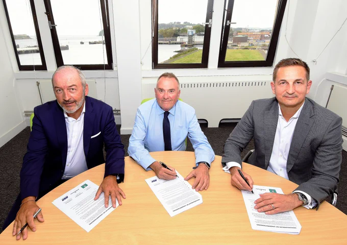 (L-R) Christophe Mathieu, Chief Executive of Brittany Ferries, Councillor Tudor Evans, Leader of Plymouth City Council, and Henrik Pedersen, Chief Executive of Associated British Ports (ABP)