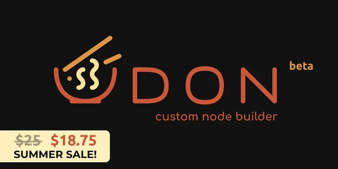 Banner with the UDON Custom Node Builder logo, and a tag showing the old price of $25, and the new price of $18.75.