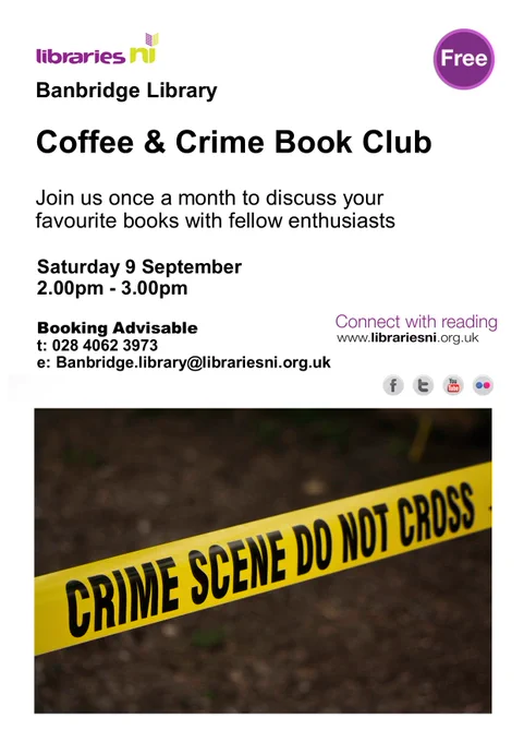 poster with dates for Crime book club on 9/09/2023 tel 028 4062 3973