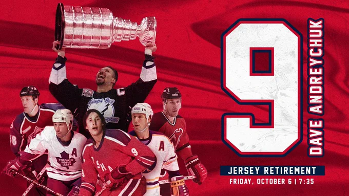 A graphic announcing the jersey retirement ceremony of #9, Dave Andreychuk on Friday October 6th at 7:35. A collage of images displays Andreychuk in every jersey he wore throughout his OHL and NHL career.
