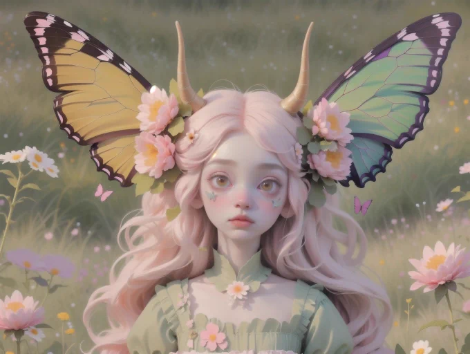 A kawaii monster girl with petals for hair, vine-like arms, and butterfly wings, standing amidst a meadow of blooming flowers, soft and delicate color palette with pinks, whites, and greens