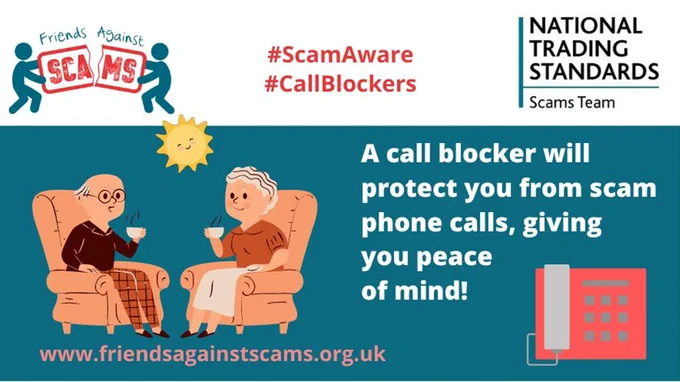 Image illustration depicts an elderly man and woman smiling and sitting in armchairs, having a cup of tea.

Image of a phone next to text: "A call blocker will protect you from scam phone calls, giving you peace of mind!"

Friends Against Scams have made free scam call blockers available. Apply for family, a friend or neighbour who's received scam calls 🏡

More information 👇
https://www.friendsagainstscams.org.uk/callblocker