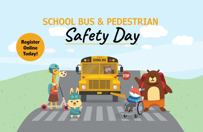 Animal characters walking and rolling to school and getting on a bus