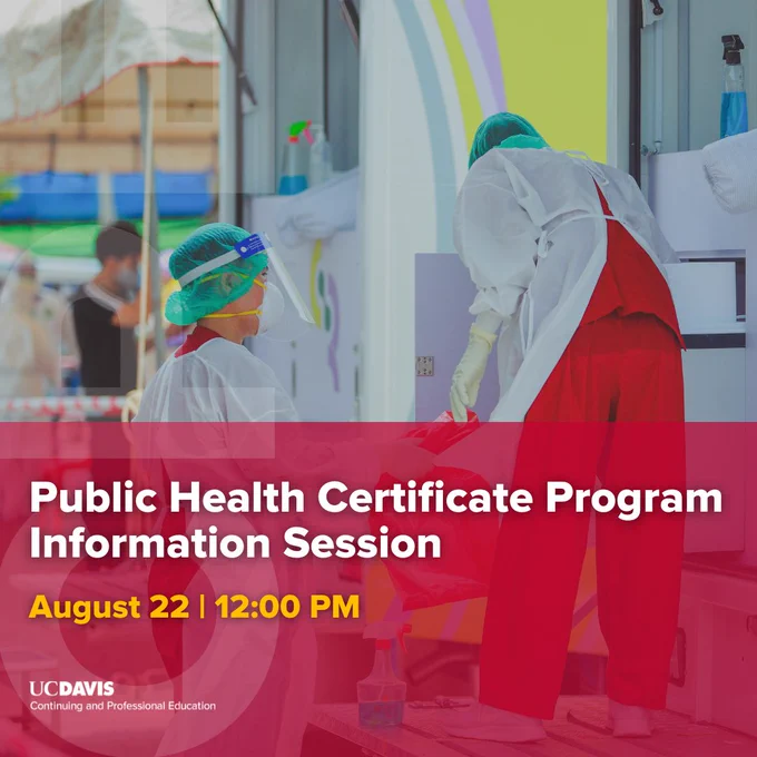 Public health workers emptying a bucket. The overlay text reads, "Public Health Certificate Program Information Session, August 22, 12:00 PM."