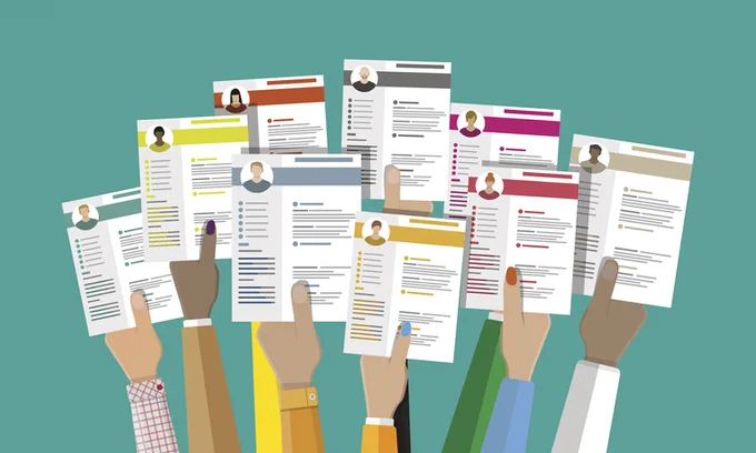 Nine cartoon arms raised to the sky, holding nine differently-colored resumes.