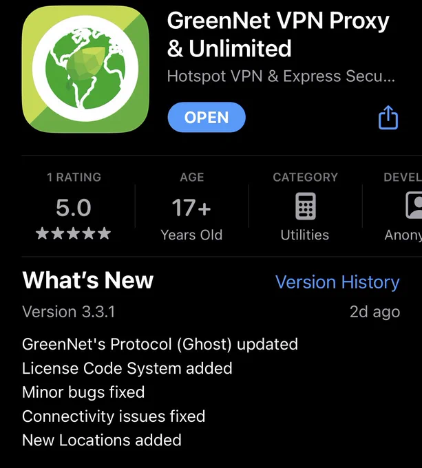 iOS product page of GreenNet VPN on Apple App Store