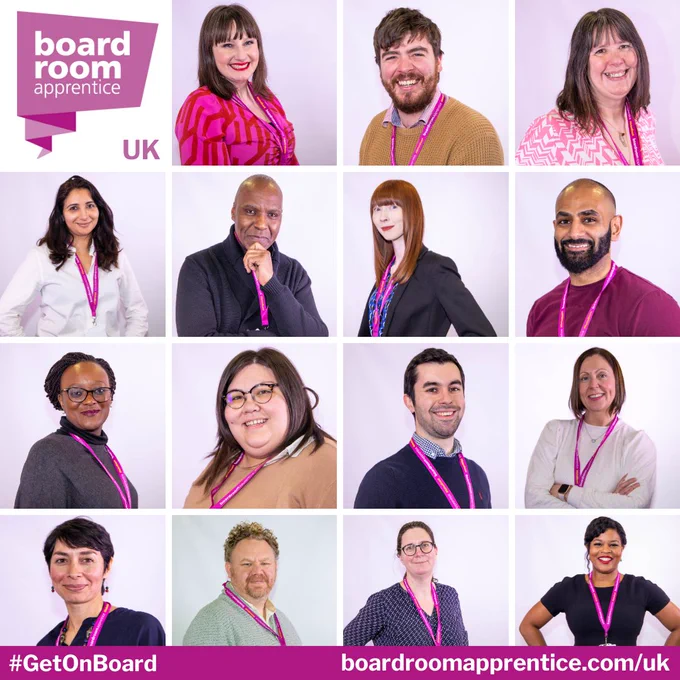 A graphic showing a selection of photos of 2023 UK Boardroom Apprentices and the Boardroom Apprentice logo in the top left hand corner
