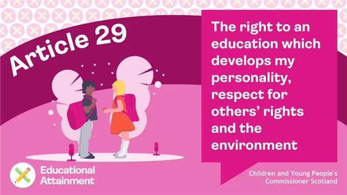 Pink graphic with image of school pupils on left. Text above reads: ‘Article 29’. Speech bubble on right reads: ‘The right to an education which develops my personality, respect for others’ rights and the environment’ with ‘Children and Young People's Commissioner Scotland’ below. SYP Educational Attainment logo in bottom left corner.