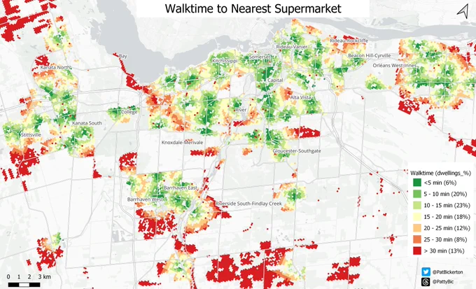 Walktime to Nearest Supermarket in Ottawa. The map shows that 6% of dwellings are within a 5 minute walk. 20% of dwellings within a 5-10 minute walk, and 23% between a 10-15 minute walk. 

Distance to nearest amenity was calculated to using QGIS|QNEAT3 Network Analysis Plugin for every 200 x 200 grid permitting residences in accordance with the Zoning Bylaw 2008-250. 

Walktimes assumed a constant speed of 5 km/h and did not account for changes in elevation. 

The pedestrian network and amenity locations were gathered using Open Street Map and included roads, bicycle paths and multi-use paths.