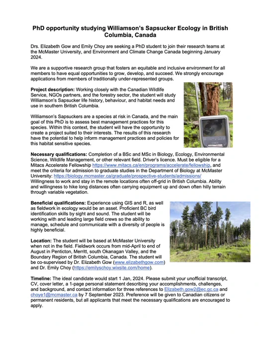 Drs. Elizabeth Gow and Emily Choy are seeking a PhD student to join their research teams at the McMaster University, and Environment and Climate Change Canada beginning January 2024. 

We are a supportive research group that fosters an equitable and inclusive environment for all members to have equal opportunities to grow, develop, and succeed. We strongly encourage applications from members of traditionally under-represented groups.
 
Due 7 Sept 2023. See https://www.elizabethgow.com to view ad. 