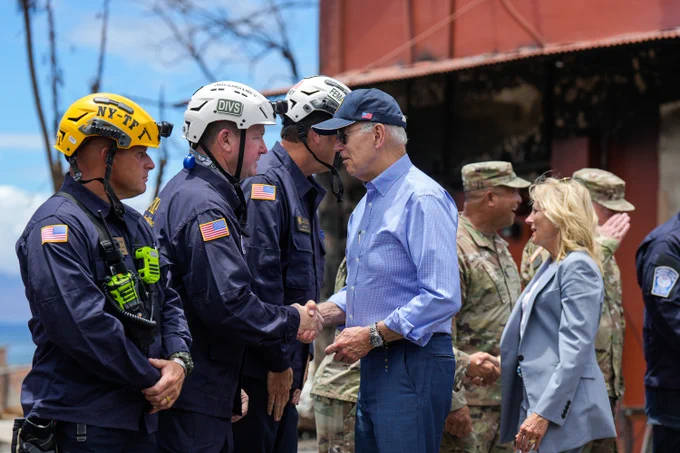 President Joe Biden and first lady Jill Biden greet first responders as they visit areas devastated by the Maui wildfires.