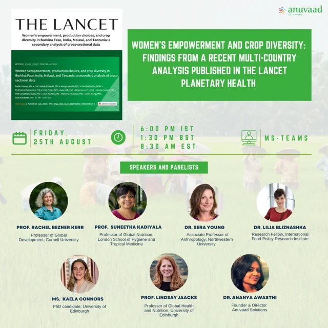 A picture of the webinar  with the The Lancet paper and the title:  "Women's Empowerment and Crop Diversity: Insights from a Multi-Country Study"