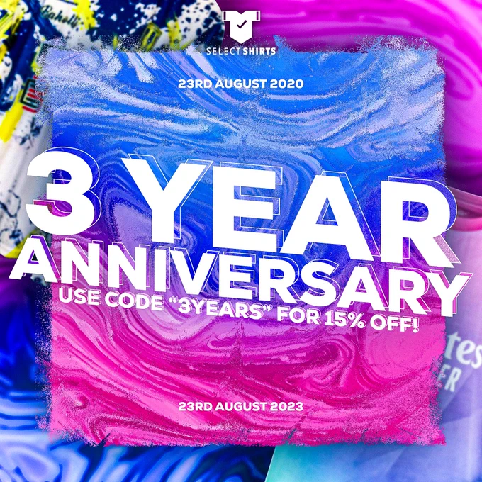 A graphic with a pink and blue swirling background, with text saying '23 August 2020 - August 23 2023, 3 Year Anniversary, use code '3YEARS' for 15% off!'