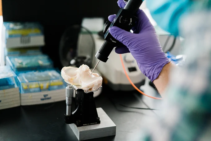 Albro and his team say their arthroscope can take what they call an “optical biopsy.” Photo by Chris Mcintosh.